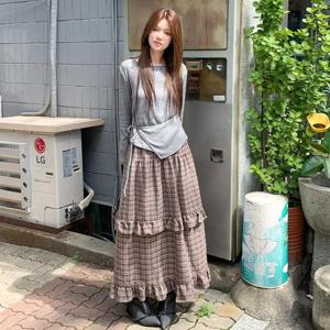 여성 격자 프릴 고무줄 귀여운 롱 스커트