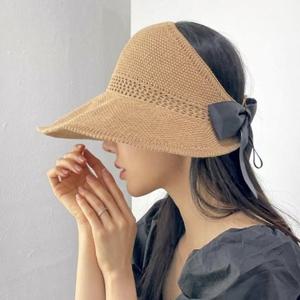 [애슬릿] 여성 리본 밀짚 돌돌이 오픈 와이드 벙거지 모자