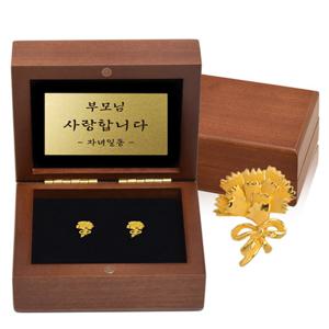 24k 순금 카네이션 뱃지세트 1.87g 2개 미니우드케이스 추석 부모님 은사님선물