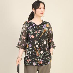 애비뉴투지 엄마옷 플라워 쉬폰 시스루 브이 트임 여름 칠부 블라우스 B05534