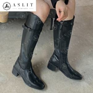 [애슬릿] 스퀘어 언발란스 버클 스트랩 롱 부츠 5cm