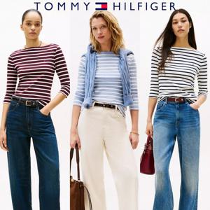 타미힐피거 TOMMY HILFIGER WW40589 여자 7부 소매 슬림핏 보트넥 티셔츠