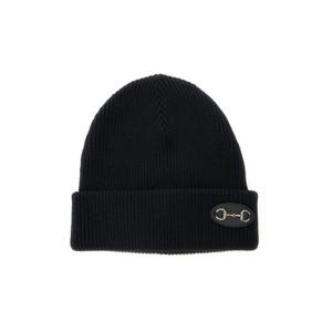 GUCCI Black Beanie with Leather Patch with Horsebit Plaque in Wool Woman 8367043G2001000