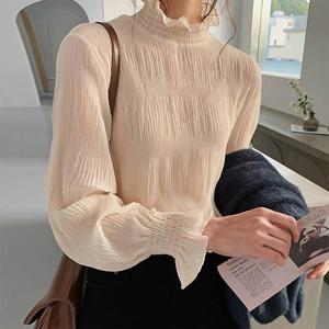 [어썸] 엔르나 하이넥 주름 시스루 블라우스_263095
