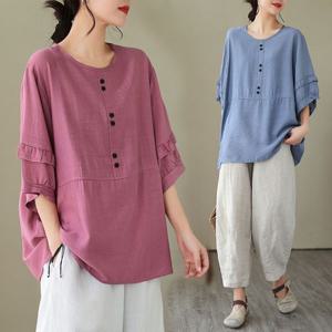 마블라우스 G126680 린넨 루즈핏 7부 블라우스 티셔츠
