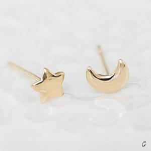 14K 골드 별 달 일자침 기본 금 귀걸이