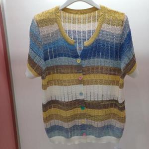 Destijl HC06 무지개색상 펀칭 라운드 브이 반팔 니트티형 가디건 D2523cd05Y