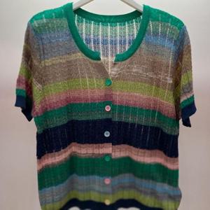 Destijl HC06 무지개색상 펀칭 라운드 브이 반팔 니트티형 가디건 D2523cd05G