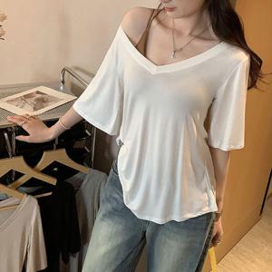 F007518_날개소매 딥 브이넥 찰랑 스판티셔츠 여름반팔