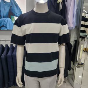 [파렌하이트]블랙  단가라  면 혼방 반팔 라운드FKU83140_DG