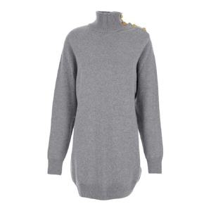 BALMAIN Grey Dress with High Neck and Metallic Logo Buttons in Cashmere Woman FF0R9382KI879UB