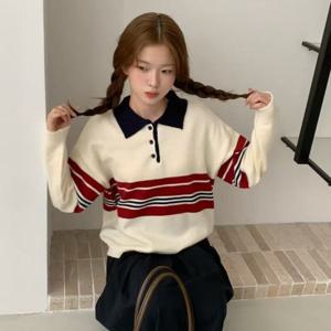 샵앤) 여성 배색 카라넥 포인트 줄무늬 긴팔 니트 티셔츠 SML-WKN-4922-아이보리