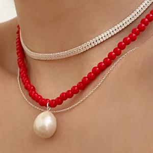 92.5은 천연 바로크 담수진주 레드석 원석목걸이
