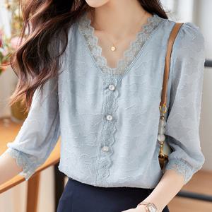 [블랙퀸] 로제 레이스 브이넥 7부 쉬폰블라우스 blk001417