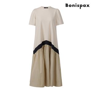 [보니스팍스(여성의류)]라운드넥 셔링 배색 포켓 반팔 롱 원피스 (XO2OW049L0)