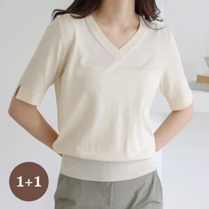 [바네사빈] [1and1]여름)뒷단추 포인트 소매트임 브이넥 반팔 니트 v00752