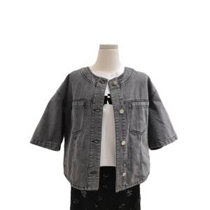 [비지트인뉴욕]라이트그레이 해지데님 라운드 반팔 크롭 자켓 VB4SDJ40