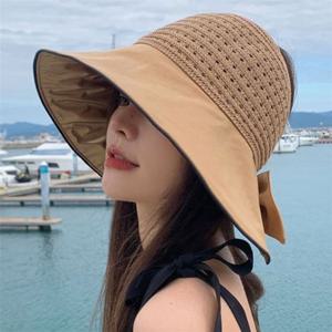 여성 데일리 4컬러 무지 리본 베이직 코튼 밀짚모자