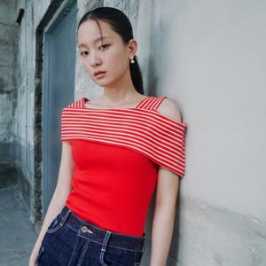 [에고이스트][CAPSULE LINE]스트라이프 믹스 언발 오프숄더 티셔츠 (ER2CH460)