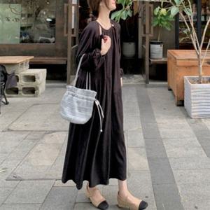 G126743 의류 루즈핏 링클스판 셔링 데일리 넥트임 롱원피스