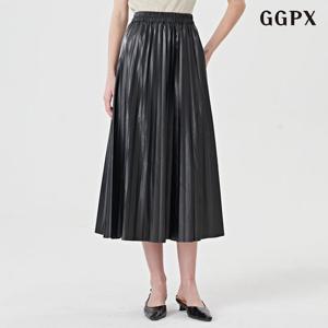[지지피엑스]허리 밴딩 페이크 레더 플리츠 롱 스커트 (GODWH001D)