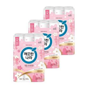 깨끗한나라 3겹화장지 벚꽃 프리미엄 28m 30롤 x 3팩 (90롤)