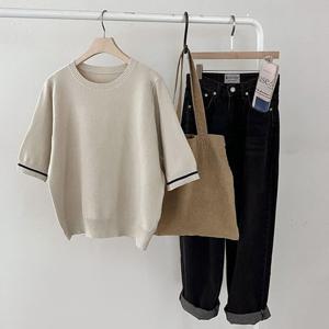 [샵앤]심플 여성 라운드 데일리 5부소매 니트 티셔츠 DGB-WKN-2470-베이지