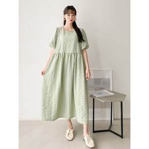 [샵앤]베베 국산 U넥 5부 퍼프소매 플레어 여성 반팔 롱 원피스 AMI-WDR-3263-민트