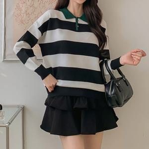 [올리비에스클로젯] 카라넥 배색 줄무늬 니트_O2502KN015A
