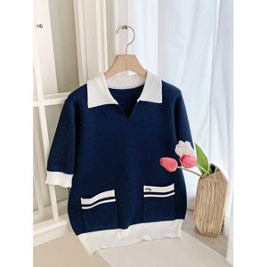 [샵앤]여성 배색 슬릿 카라넥 데일리 반팔 니트 티셔츠 DGB-WKN-4321-네이비