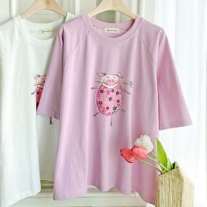 샵앤) 여성 라운드넥 나그랑 꽃돼지 국산 면100 심플 반팔 티셔츠 FJ-WSH-4351-핑크