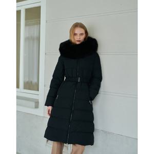 헤지스 여성 24FW 폭스퍼 탈착 구스다운 롱코트 블랙 HSJU4D783BK