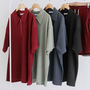 남여공용 여름 반집업 골지 반팔 티셔츠 5C-KAH-Q052-차콜