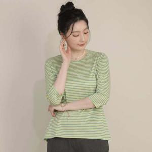 애비뉴투지 엄마옷 실켓 면 혼방 잔줄 연두 봄 가을 칠부 티셔츠 A09502