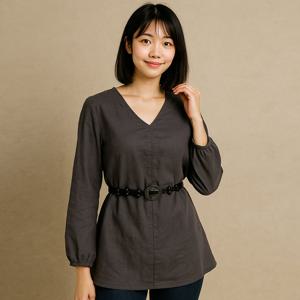 샵앤) 여성 노카라 V넥 심플 무지 긴팔 롱 블라우스 SML-WBL-4920-그레이
