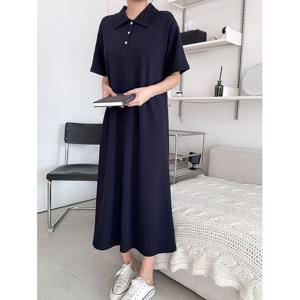 [샵앤]베이직 카라 단추오픈 A라인 여성 반팔 원피스 ARA-WDR-3194-네이비