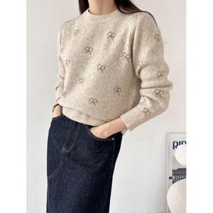 [샵앤]FW 국내산 여성 리본 라운드넥 데일리 니트 티셔츠 21DS-WKN-4033-오트밀