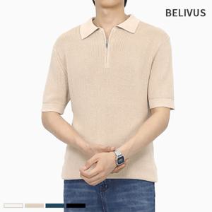 [빌리버스] 남성 반팔 니트 카라 반집업 티셔츠 BXR037