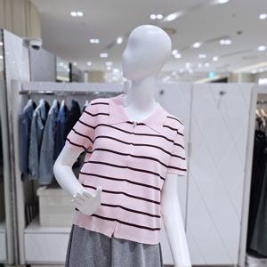 [밸리걸] 스트라이프 카라넥 집업 반팔 니트 가디건 235300