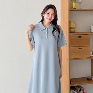 [샵앤]베이직 여성 카라넥 단추 반오픈 등원룩 A라인 데일리 반팔 원피스 ARA-WDR-3194-소라