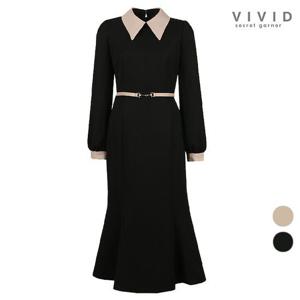 [비비드시크릿가너]VIVID 여성 배색카라 인어롱 정장 원피스