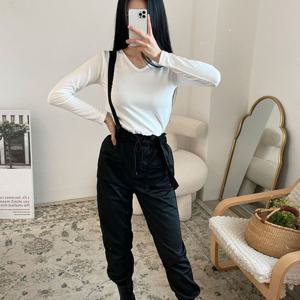 여성 라운드 브이넥 기본 데일리 긴팔티셔츠