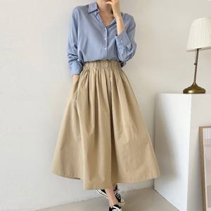 링클 여성 면 개더 밴딩 주름 롱스커트 NYS-WSK-2985-블랙