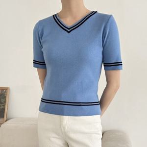 [샵앤]모닉 국산 여성 라인V넥 슬림핏 간절기 이너 데일리 반팔 니트 티셔츠 21DS-WKN-3065-아이보리
