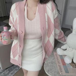 [마롱패션]Me F69686 핑크 블랙 아가일 체크 가디건 루즈핏 스웨