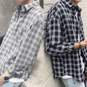 레이어드 긴팔 남방셔츠 남성용 오버사이즈 체크롱남
