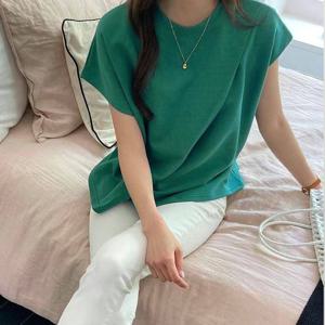 샵앤) 여성 사선 라운드넥 플리츠 언발소매 반팔 티셔츠 21DS-WSH-4254-블랙