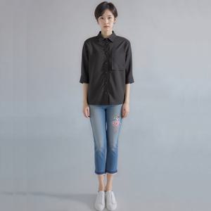 [캐리스노트]24년 봄 여름 데일리룩 아웃포켓 7부 린넨 혼방 다크 그레이 블라우스 CN4MBL00