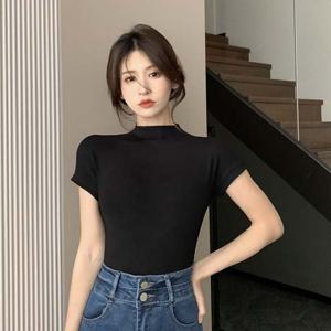 플리나 모크넥 반팔 티숙 SD240518 목티 여성 터틀넥 베이직 반팔티셔츠 반목 롱 내생산 여아 반집업 하프넥 터틀넥 가을 골지반폴라