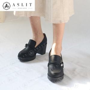 [애슬릿] 라운드 가보시 힐 끈 스트랩 로퍼 7cm